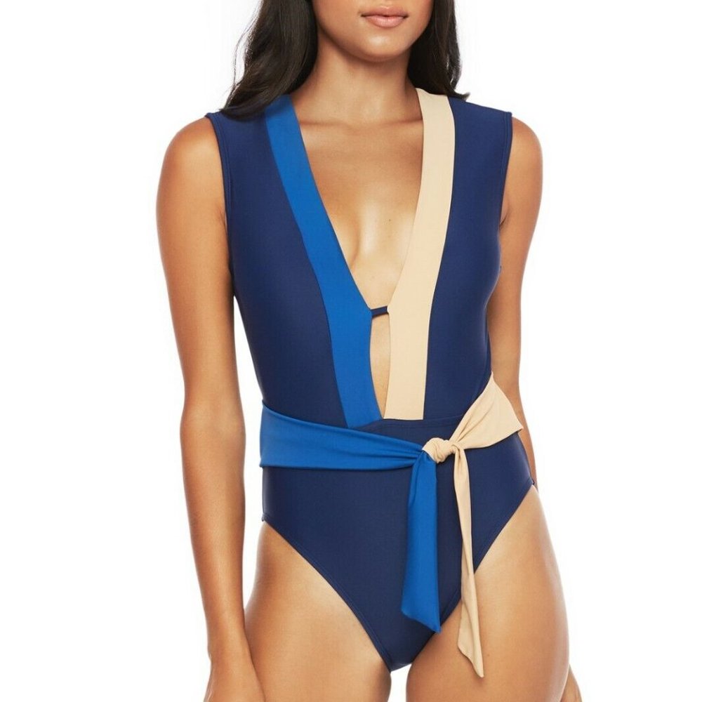 Kenneth Cole New York M L XL Colorblock Belted Plunge One Piece Swimsuit $139